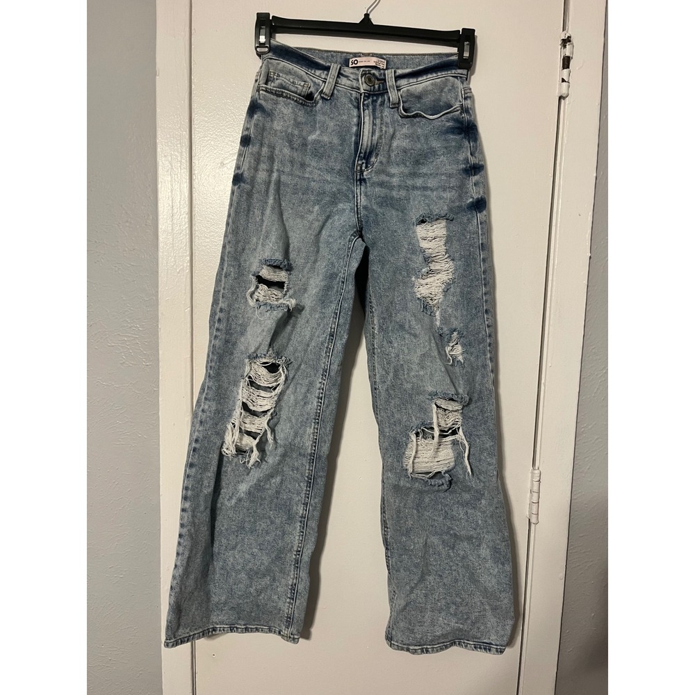 SO Super High‎ Rise 90s Wide Leg Distressed Light Wash Jeans Womens 3/26W